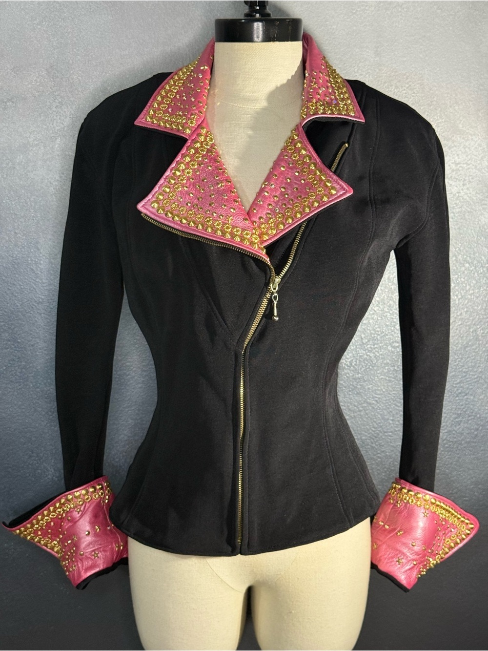 Vtg Equestrian Show Jacket Black & Pink Studded Genuine Leather Riding Coat -S